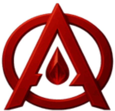 Red metallic Avengers-style "A" logo with a blood drop inside.
